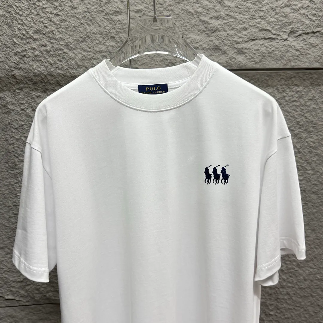 🅿️180 Polo* Ralph Lauren 2025 spring and summer new style Classic three little pony embroidery Customized double yarn plain cotton fabric Short-sleeved T-shirt Unisex Color: Black White Size: S (90-130 pounds) M (120-150 pounds) L (140-165 pounds) XL (160-180 pounds) XXL (180-210 pounds)
